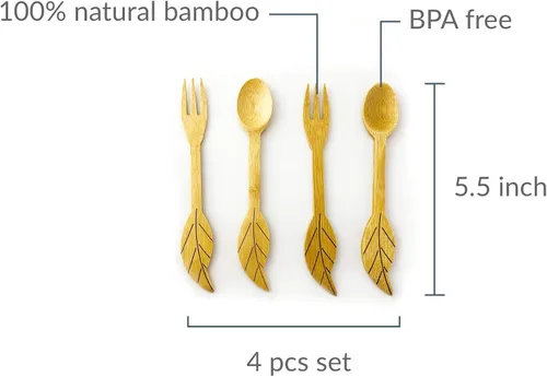 Vista 5 de JB Home Collection 4580 - Juego de 4 cucharas y tenedores reutilizables de bambú para aperitivo, frutas, postres, helado, yogur, especias, sal