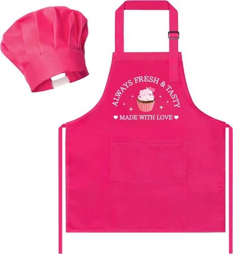 Vista 10 de R HORSE Juego de delantal y sombrero de chef para niños, 2 piezas, mini parrilla ajustable, delantal de cocina para niños, juego de rol, juguete