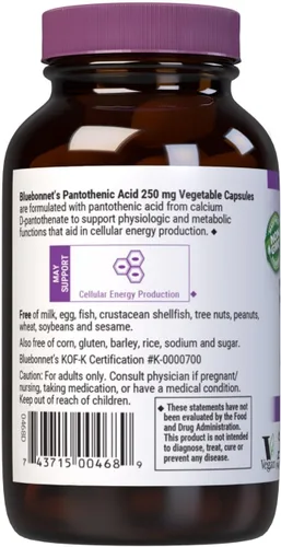Vista 3 de Bluebonnet Ácido pantoténico 250 mg cápsulas vegetales, 60