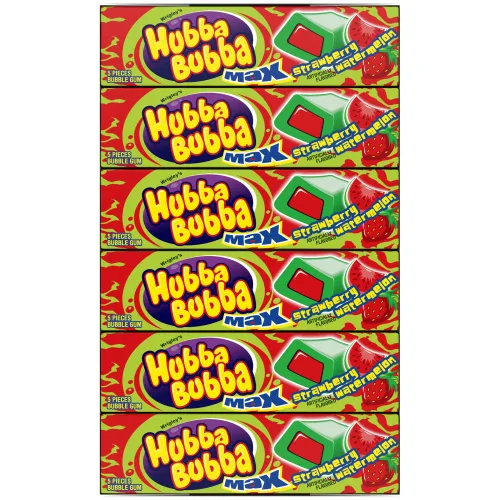 Vista 6 de Hubba Bubba Max Bubble Gum - Goma de mascar con sabor a sandía, fresa (paquete de 18), 5 unidades Juicy strawberry watermelon bubble gum, great