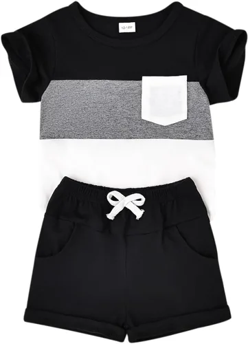 Vista 18 de Ropa para bebé niño pequeño, trajes de verano de manga corta, camiseta de retazos y pantalón con bolsillo, conjunto de 2 piezas, 12 meses a 4 años