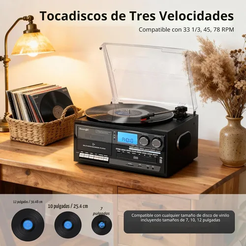 Vista 2 de Seasonlife® Tocadiscos de vinilo 10 en 1, tocadiscos vintage, madera retro Madera negra