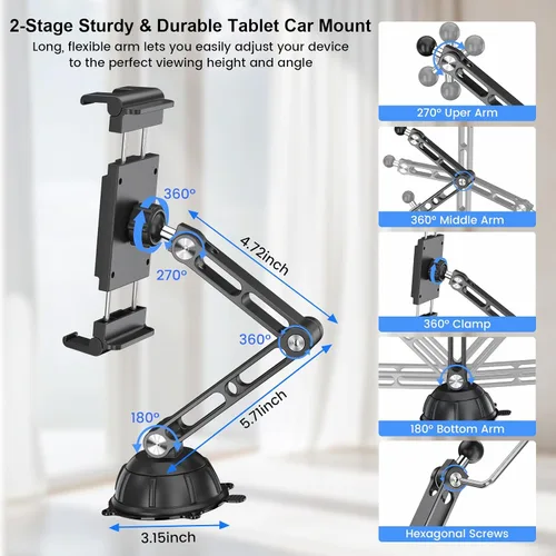 Vista 5 de PLDHPRO - Soporte para tablet en coche para salpicadero y parabrisas, plegable, de aleación de aluminio, con ventosa de vacío, soporte compatible