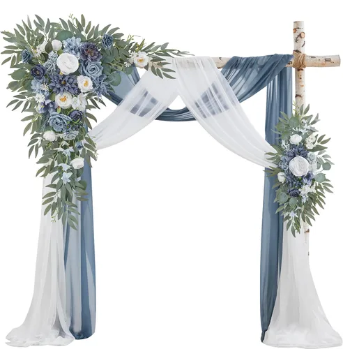 Vista 11 de Kit de flores para arco de boda con cortinas (paquete de 4) – 2 guirnaldas artificiales beige de lujo con 2 cortinas transparentes para ceremonia