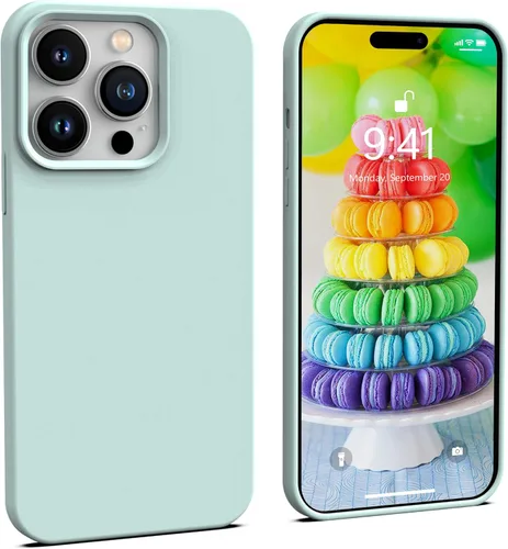 Vista 15 de IceSword Funda compatible con iPhone 14 Pro Max, color azul bebé, funda de silicona líquida, delgada, suave, antiarañazos, bonita luz azul pastel