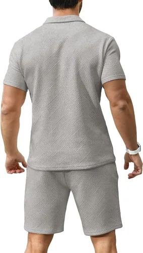 Vista 4 de KUYIGO Conjunto de camisa polo y pantalones cortos para hombre, trajes de verano a la moda, casual, manga corta, traje de polo para hombre, 2