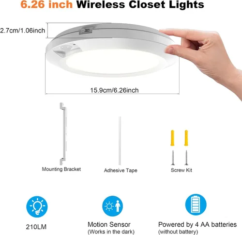 Vista 2 de Luz con sensor de movimiento a pilas para interiores, 6.3 pulgadas, 210 lm, 6000 K blanco frío, inalámbrico adhesivo o montaje de tornillo