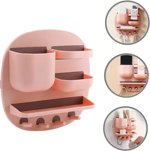 Vista 9 de Estante de pared para baño, estante para colocar sobre el gabinete, estantes de cocina de polipropileno rosa, estante organizador de baño
