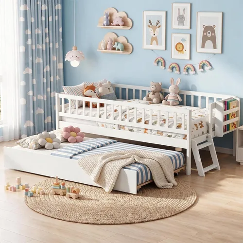 Vista 11 de KOMFOTT Base de cama individual de madera con rieles de valla y 2 cajones extraíbles, marco de cama individual para niños con estante lateral,