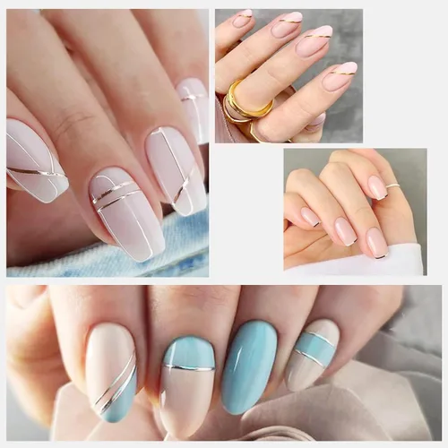 Vista 7 de 12 hojas de calcomanías de uñas doradas, calcomanías de uñas autoadhesivas 3D de metal con diseño de rayas geométricas onduladas, diseños de arte