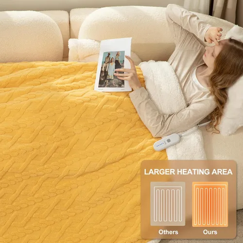 Vista 6 de Manta eléctrica tamaño individual 62"X84" amarilla - Manta cálida y gruesa de sherpa con calefacción para invierno con 5 niveles de calentamiento
