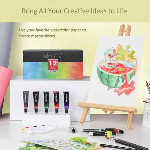 Vista 7 de Colorful Juego de pintura de acuarela para niños, tubos de pintura de acuarela de 12 colores con 6 pinceles, 1 paleta, fácil de mezclar