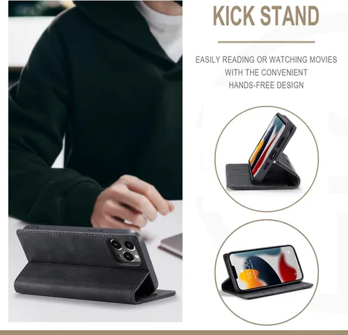 Vista 3 de QLTYPRI Funda para iPhone 14 Pro Max, de piel sintética vintage, con ranura para tarjetas, función atril, cierre magnético, a prueba de golpes
