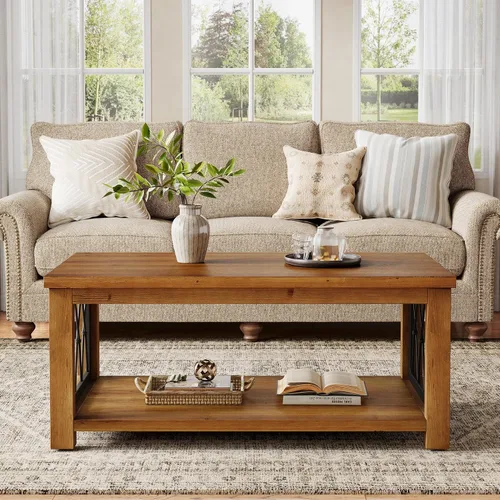 Vista 5 de Mesa auxiliar de madera maciza de 47.2 pulgadas, diseño de almacenamiento de 2 niveles, mesa de cóctel central rectangular de granja, marco de metal