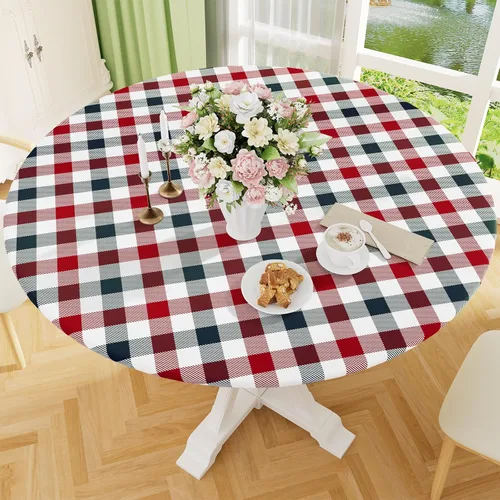 Vista 35 de Smiry - Mantel redondo de picnic de vinilo elástico impermeable con respaldo de franela, mantel de vinilo ajustable para mesas de 31-35 pulgadas