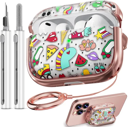 Vista 35 de Inesore Funda con bloqueo de seguridad para AirPods 4 2024, bonita funda floral para AirPod de 4ª generación para mujeres con kit limpiador