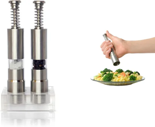 Vista 2 de Molinillo moderno de sal con botón pulsador, molinillo de pimienta, accesorios de cocina originales Grind Gourmet para bombear y moler, molinillo