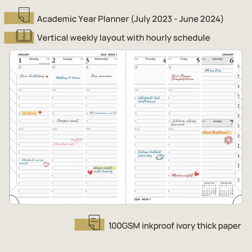 Vista 2 de POPRUN Agenda semanal 2023-2024 (6.5 x 8.5 pulgadas), agenda académica semanal y mensual (23 de julio a 24 de junio) con tapa dura de cuero, agenda