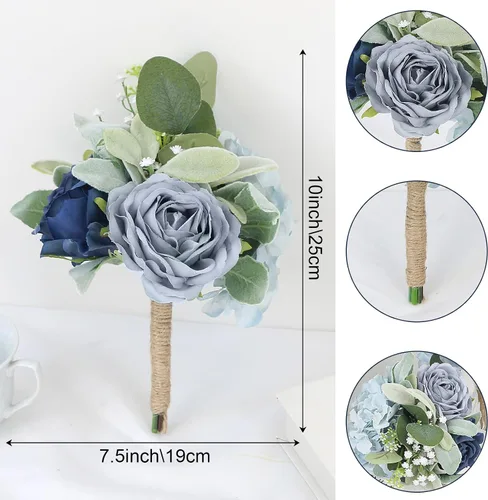 Vista 2 de Ramo de dama de honor artificial para boda, ramo de flores de seda prefabricadas de 7 pulgadas, ramo de flores pequeñas para dama de honor