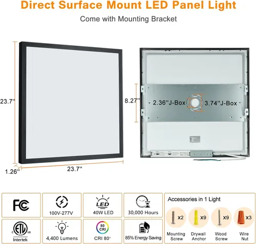 Vista 8 de Luces LED de panel de montaje en superficie negras 2x2, 40W-30W-20W y 5000K-4000K-3000K seleccionables, regulables de 0-10V, cuadradas, para cocina