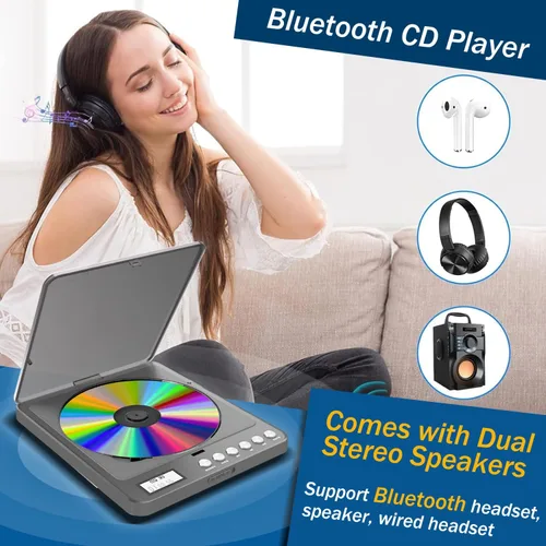 Vista 2 de Reproductor de CD portátil con Bluetooth y transmisor FM, reproductores de CD Bluetooth recargables de 2000 mAh con altavoces, conector