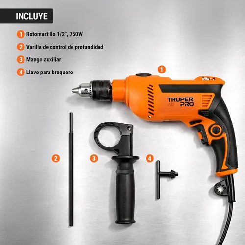 Vista 9 de Truper Taladro de martillo rotatorio profesional de 1/2" 700W, 110V, 5A, naranja