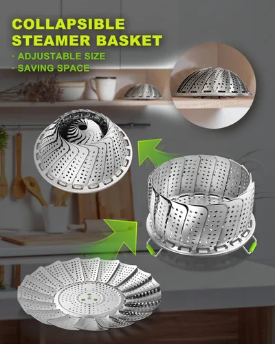 Vista 8 de Cesta vaporera de verduras de 2 capas para olla, canasta de vapor de acero inoxidable de alta calidad, canasta separable de acero inoxidable