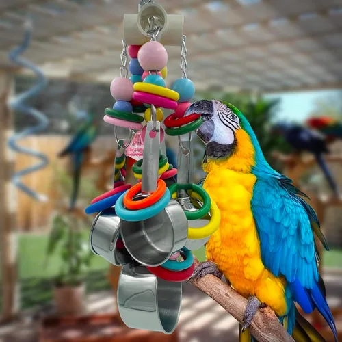 Vista 7 de Macetas metálicas y cuerdas de anillo multicolor, 5 tazas de acero inoxidable y anillos de madera para loro grande y extra grande, amazonas