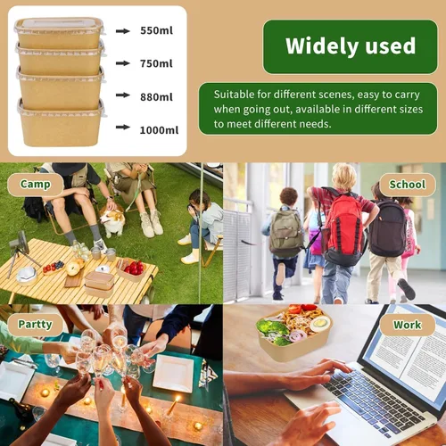 Vista 6 de Paquete de 25 cuencos de papel de 19 onzas, recipientes desechables con tapas, cuencos rectangulares desechables con tapas, cuencos de ensalada