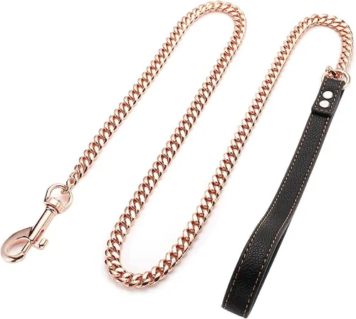 Vista 3 de Correa de perro con cadena de oro rosa resistente de 3 pies/4 pies/5 pies, acero inoxidable para entrenamiento, caminar, fácil gancho, mango