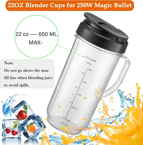 Vista 4 de Vasos de repuesto para piezas de repuesto Magic Bullet de 22 onzas compatibles con Magic Bullet MB1001 MBR-0701AK de 250 W (marcas medidas), tapa