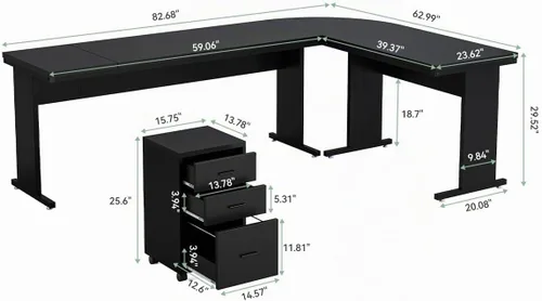Vista 3 de LITTLE TREE Escritorio ejecutivo grande de 82.67 pulgadas de largo en forma de L para computadora con archivador móvil de 3 cajones, mueble Negro