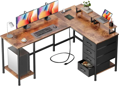 Vista 10 de Korfile - Escritorio para computadora en forma de L de 59 pulgadas con tomas de corriente, color negro