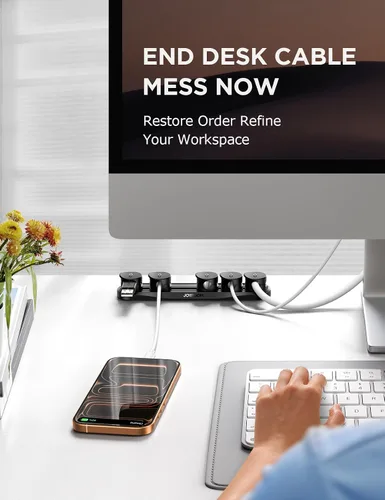 Vista 6 de Organizador magnético 5 en 1 para cables JOYROOM [pista deslizante ajustable] para debajo del escritorio, organizador de cables adhesivos