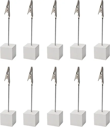 Vista 10 de 10 soportes de clip de notas con base de cubo de madera marrón, soportes de clip de cocodrilo para números de mesa, tarjetas de lugar, fotos