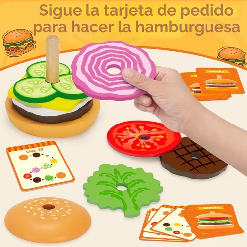Vista 3 de Jumlys Montessori Juguetes de Madera Apilables de Hamburguesa para Niños de 2, 3, 4, 5 Años, Juguetes de Motricidad Fina para Niños y Niñas