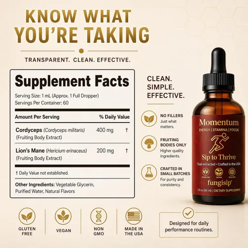 Vista 7 de Momentum Cordyceps & Lion's Mane - Gotas de tintura de hongos - Extracto líquido Energy & Focus - Ingredientes orgánicos - 2 onzas