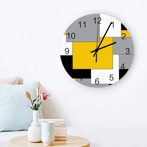 Vista 3 de Savannan Reloj de pared de madera de 12 pulgadas de mediados de siglo abstracto geométrico bloque de color 3D amarillo, negro gris, funciona