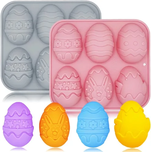 Vista 9 de Paquete de 2 moldes de chocolate para gomitas de Pascua, 18 cavidades, huevo, conejo, dulces, bandeja para hornear pastel de chocolate, postre