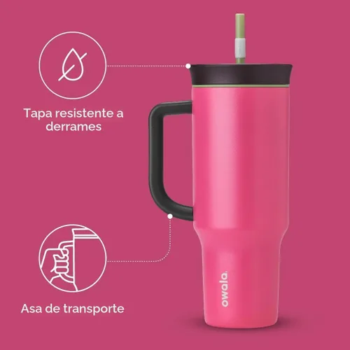Vista 3 de Owala Vaso de viaje aislado de acero inoxidable de triple capa con tapa resistente a derrames, popote y asa de transporte, sin BPA, 40 onzas, rosa