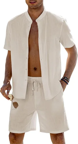 Vista 2 de COOFANDY Conjunto de 2 piezas de ropa de playa de lino para hombre