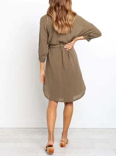 Vista 5 de R.Vivimos Vestido de verano para mujer, manga 34, de lino, con botones, casual, hasta la rodilla, con lazo en la cintura