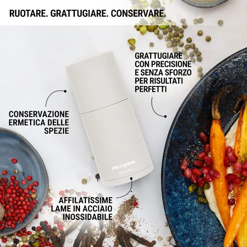 Vista 4 de Microplane 2 in 1 Spice Mill – Sand Beige Manual Mill with Stainless Steel Blade Ultra Sharp Nutmeg, Cinnamon, Tonka Bean, Long Pepper, Nuts &