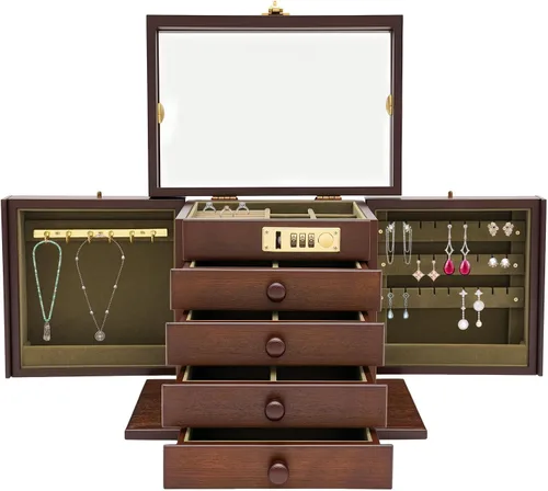 Vista 10 de Wooden Jewelry Box for Women 3-Tier Jewelry Organizer Box Dark Brown