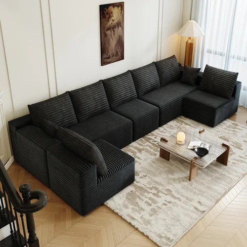 Vista 14 de Sofá modular modular de 139.4 pulgadas, sofás minimalistas en forma de L con diván de asiento medio, moderno sofá convertible de asiento profundo