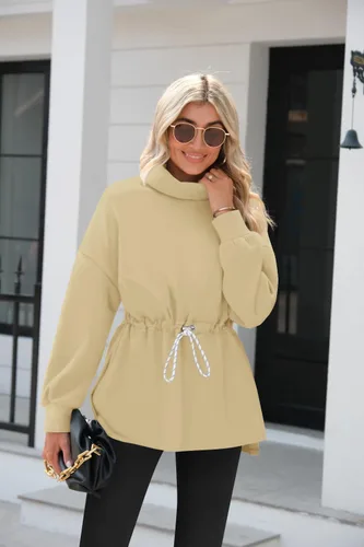Vista 5 de Doshoop Sudaderas de cuello alto para mujer, de manga larga, con abertura lateral, con cordón en la cintura