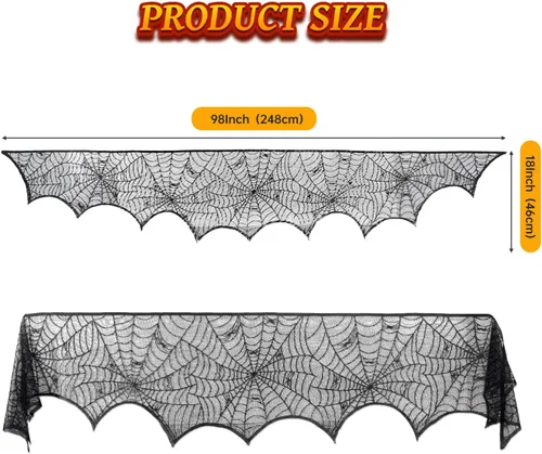 Vista 6 de PIGETALE Cubierta de bufanda para chimenea de Halloween, tela de araña de encaje negro, mantel de telaraña, mantel superior, bufanda, cortina