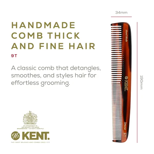 Vista 2 de Kent 9T Peine de dientes finos y dientes anchos de caparazón de tortuga - Gran peine de vestir de cabello fino hecho a mano y cortado con sierra