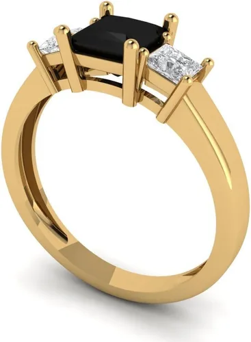 Vista 2 de 0.89ct Corte Princesa 3 piedras Solitario Wacento Negro Onyx Diseñador Boda Nupcial Art Deco Aniversario Anillo de 14k Oro Amarillo
