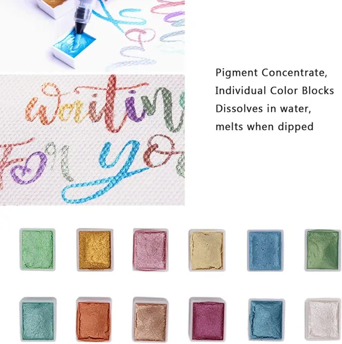 Vista 2 de Juego de pintura de acuarela, 12 colores metálicos con purpurina para acuarela, kit de pintura sólida para artistas, estudiantes, pintura